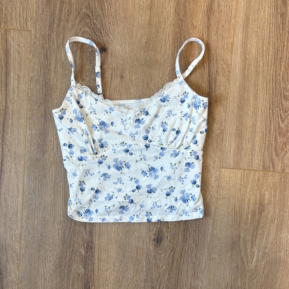 Hollister Cream Cami with Blue Floral Print and Lace Trim